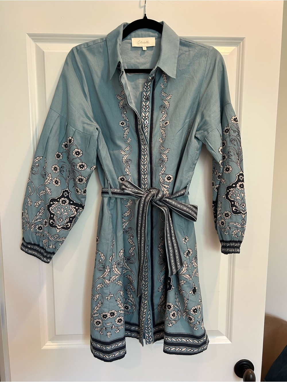 Cleobella Light Blue Embroidered Mini Dress with Navy Accents